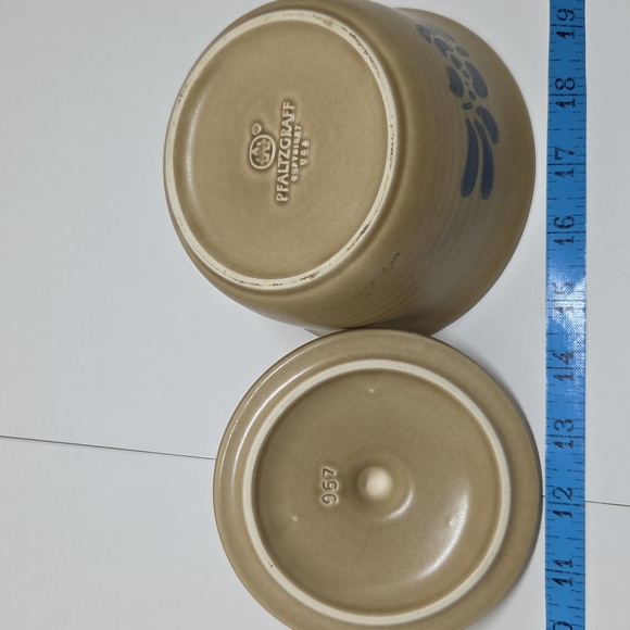 Tan Ceramic Bowl with Lid and Blue Floral Design - Picture 4 of 6